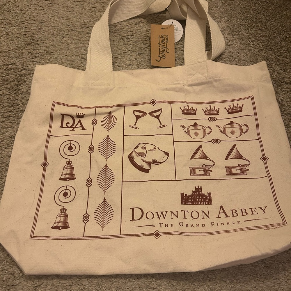 Downton Abbey Canvas Tote Bag in Cream with Brown Print